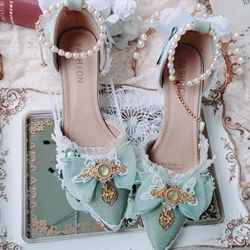 Handmade Gorgeous Chinese Style Lolita Green Heel High Heels Tea Party Cos Lolita Girls Tea Party Single Shoes Pearl Lace Shoes