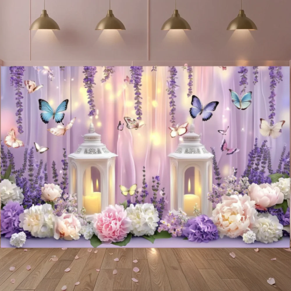 

Purple Butterfly Floral Photography Backdrop Polyester DIY Party Decor Banner for Brides' Baptism Birthday Party Background Prop