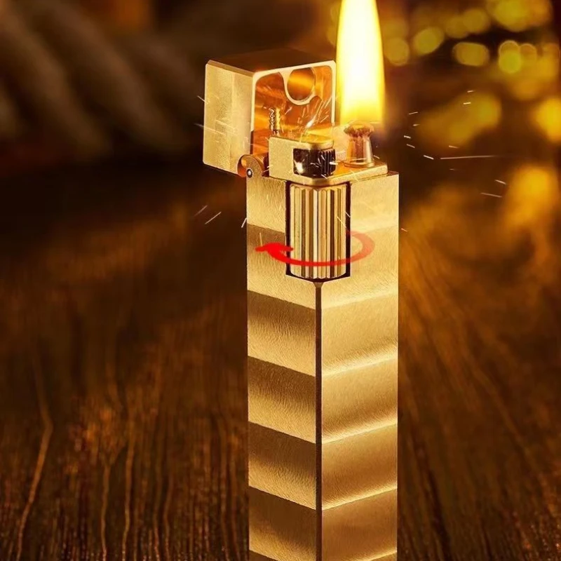 Compact Rectangular Kerosene Lighter Brass Side Pulley Ignition Creative Grinding Wheel Lighter 3D Pattern