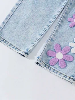 Girls Floral Towel-Stitch Denim Jeans 4 Girls' Floral-Printed Towel-Stitch Denim Jeans Trendy Loose Waist Design Versatile Casual Pants for Kids. Full Elastic Waistband 4