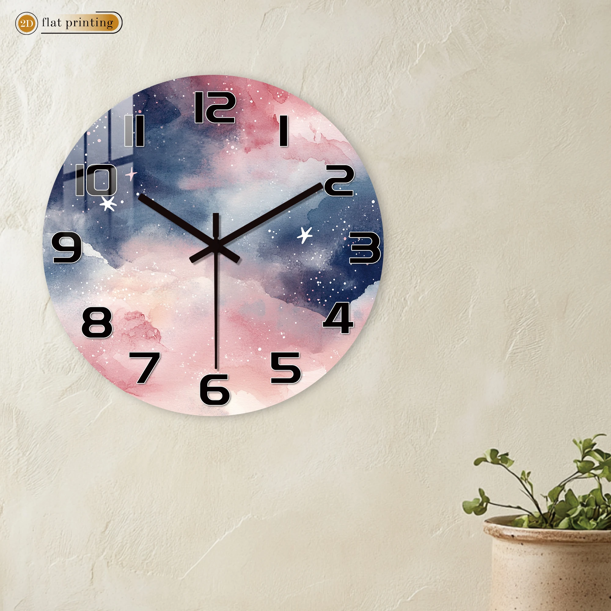 Watercolor Galaxy Pink Blue Nebula Wall Clock, Silent Quartz Movement, Cosmic Space-Themed Decorative Clock with Star Accents