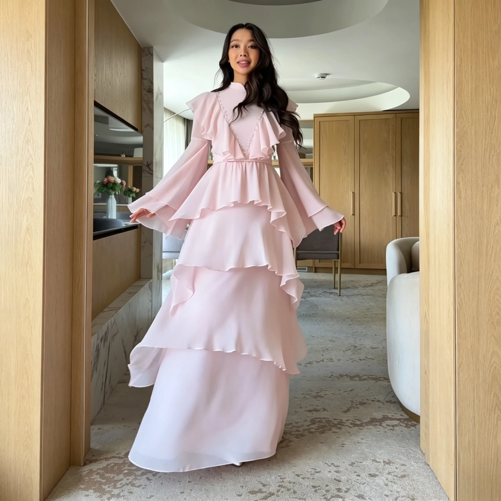 Pink Evening Gown High Stand Collar Flared Bell Sleeves Slim Waist Multi-Layer Cascading Ruffle Chiffon Wedding Guest Dresses