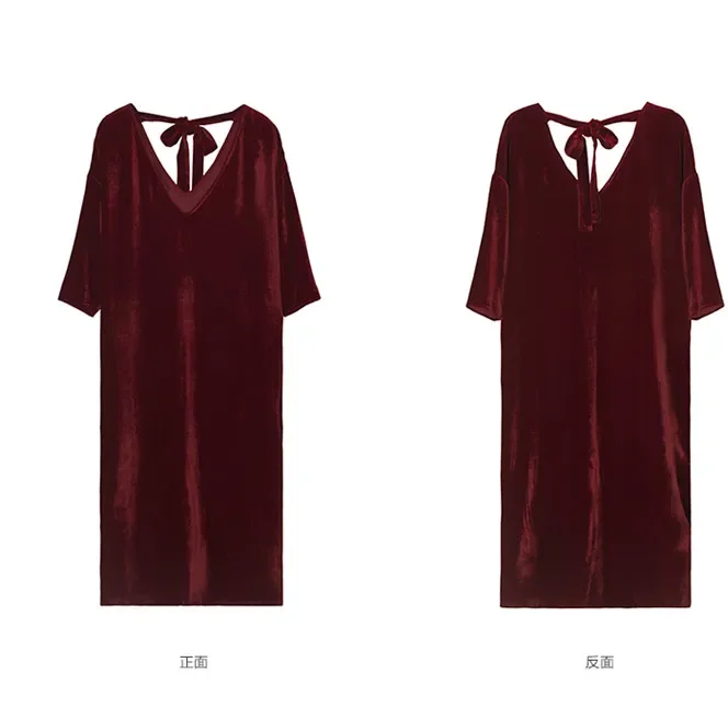 2026 Spring NEW women sexy deep V-neck three quarter sleeve velvet dress, plus size velour dress Elegant Party Dress