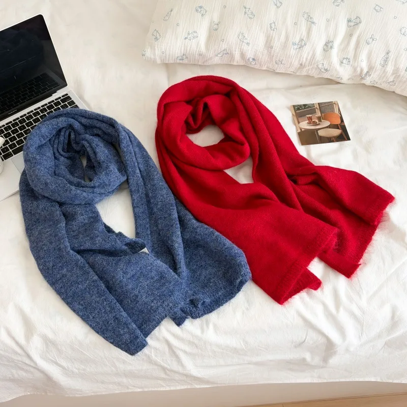 Solid Color Knitted Flat Scarf Women's Autumn and Winter Korean High-end Sense Solid Color Warm Scarf Student Versatile Couple