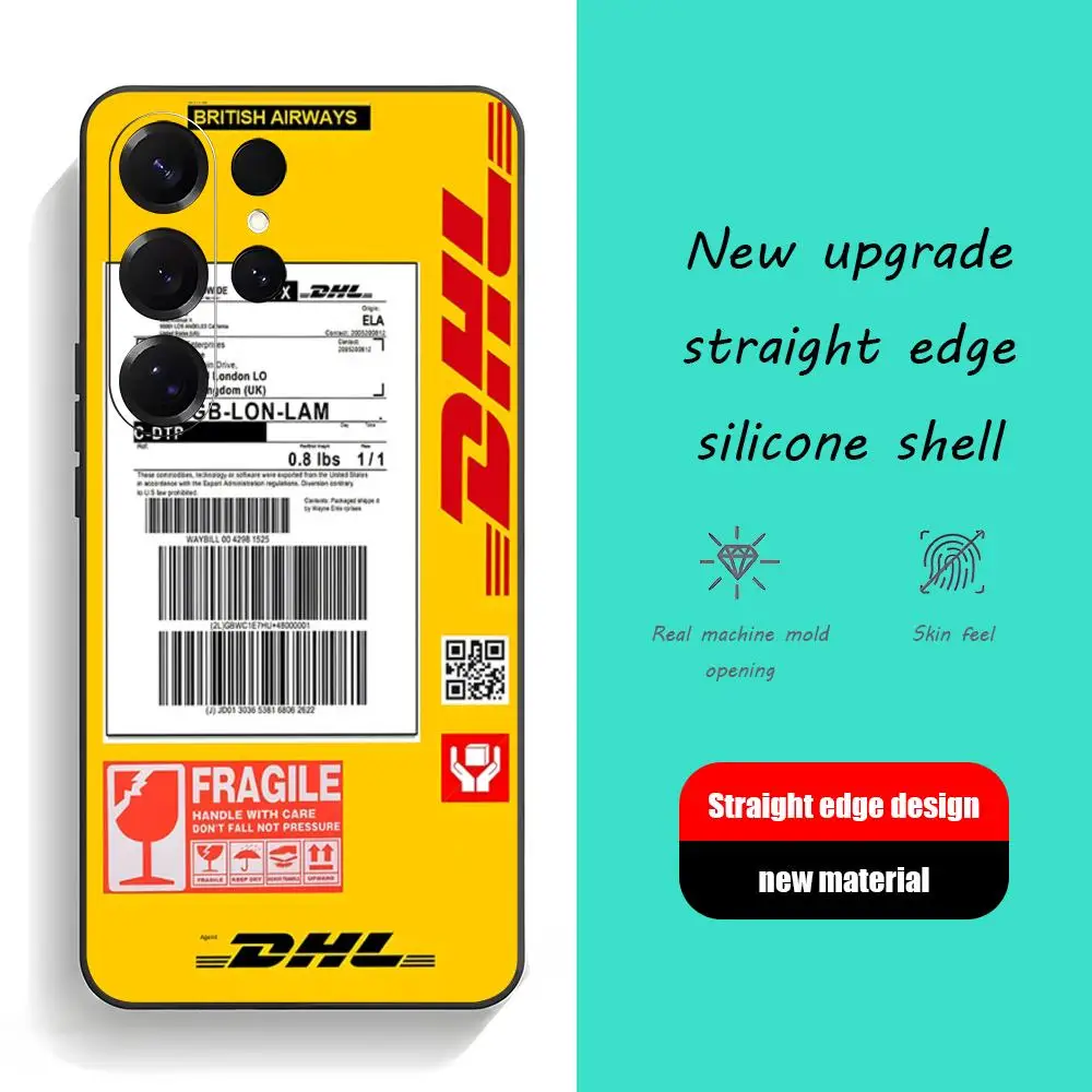 Capa de Telefone com Design de Etiqueta DHL Express para Samsung Galaxy S26 S25 S24 S23 S22 S21 Plus Ultra Note20, Preta e Macia