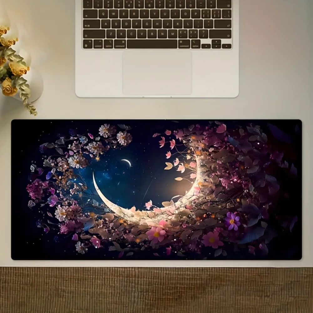 Moonlight Garden Theme Large Mouse Pad - Anti-slip base, starry night sky and crescent moon floral pattern - Suitable for PC