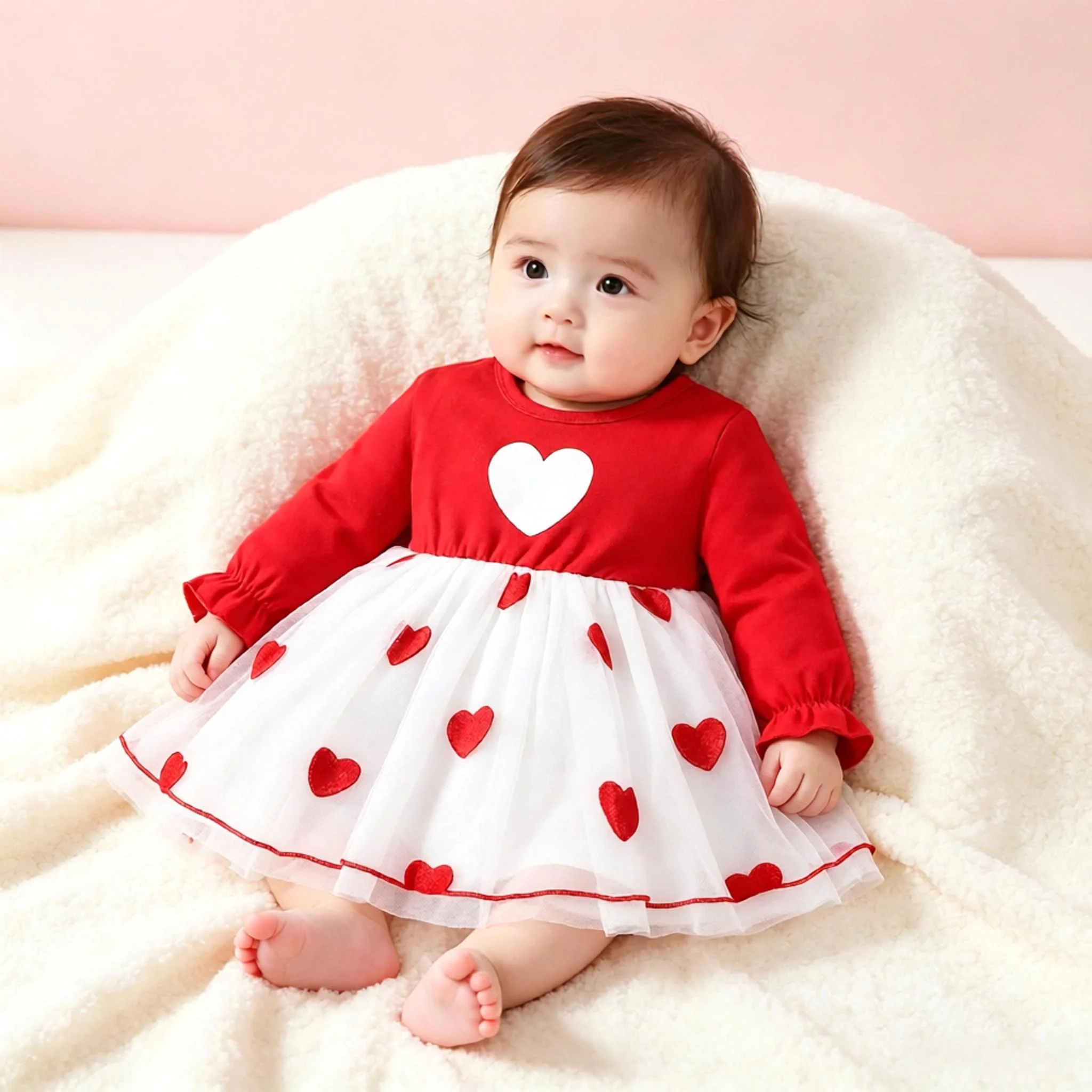 Baby Girl Red Heart Mesh Long Sleeved Dress Fashionable Casual Design for Spring And Autumn