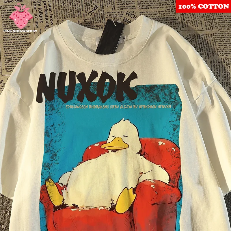 

Japanese Retro Cartoon Duck print T-shirt Women Man Summer 100% Cotton Short Sleeve Tee Casual Y2k Tops street Couple clothing