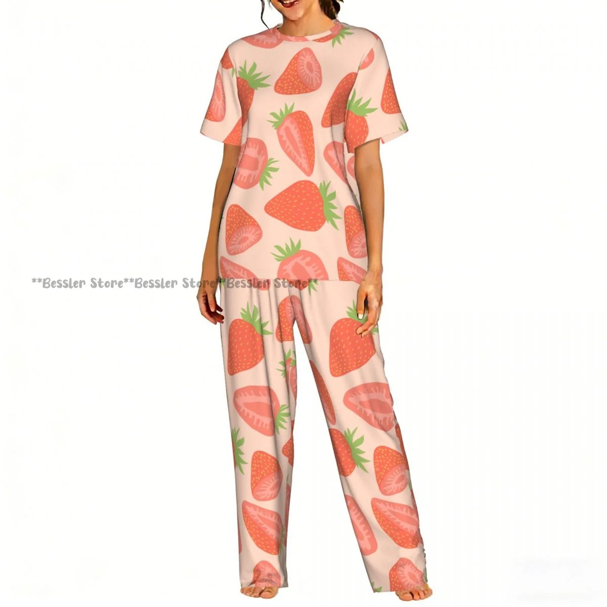 

Женский комплект из 2 предметов: пижама с ручной росписью в виде клубники, топ с короткими рукавами и брюки для сна.