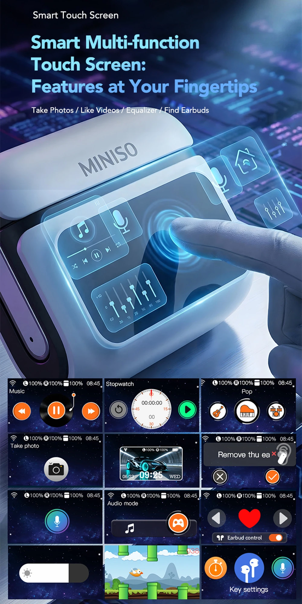 MINISO MS128 Bluetooth-Kopfhörer, geringe Latenz, kabellose Kopfhörer, lange Akkulaufzeit, intelligente Touch-Steuerung, HD-LED-Display, In-Ear-Ohrhörer – Detail 6