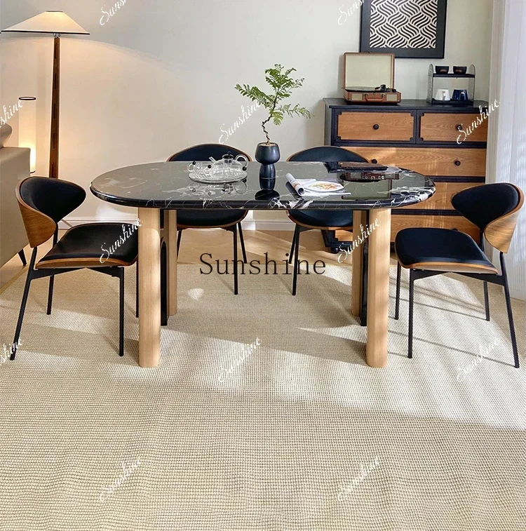 

French retro cream style marble oval dining table and chair combination household modern simple medieval solid wood dining table