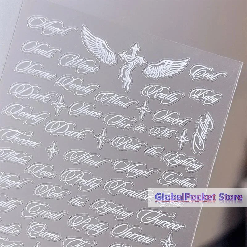 [TG823]Black White Letter Words Nail Stickers Angel Wings Letter Mixed Designs Holographic Y2K Nail DIY Decorative Stickers