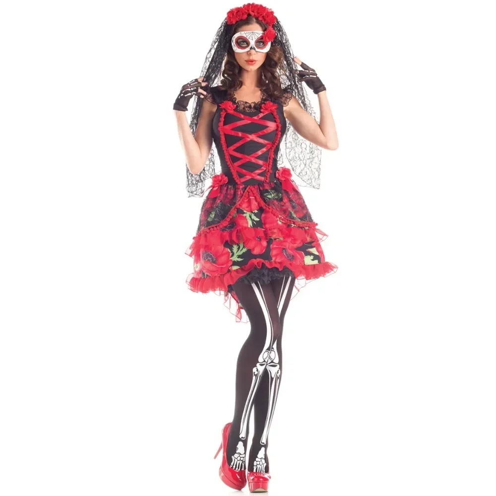 Adulto feminino mexicano dia dos mortos crânio assustador traje halloween carnaval festa flor fada fantasmas noiva cosplay vestido