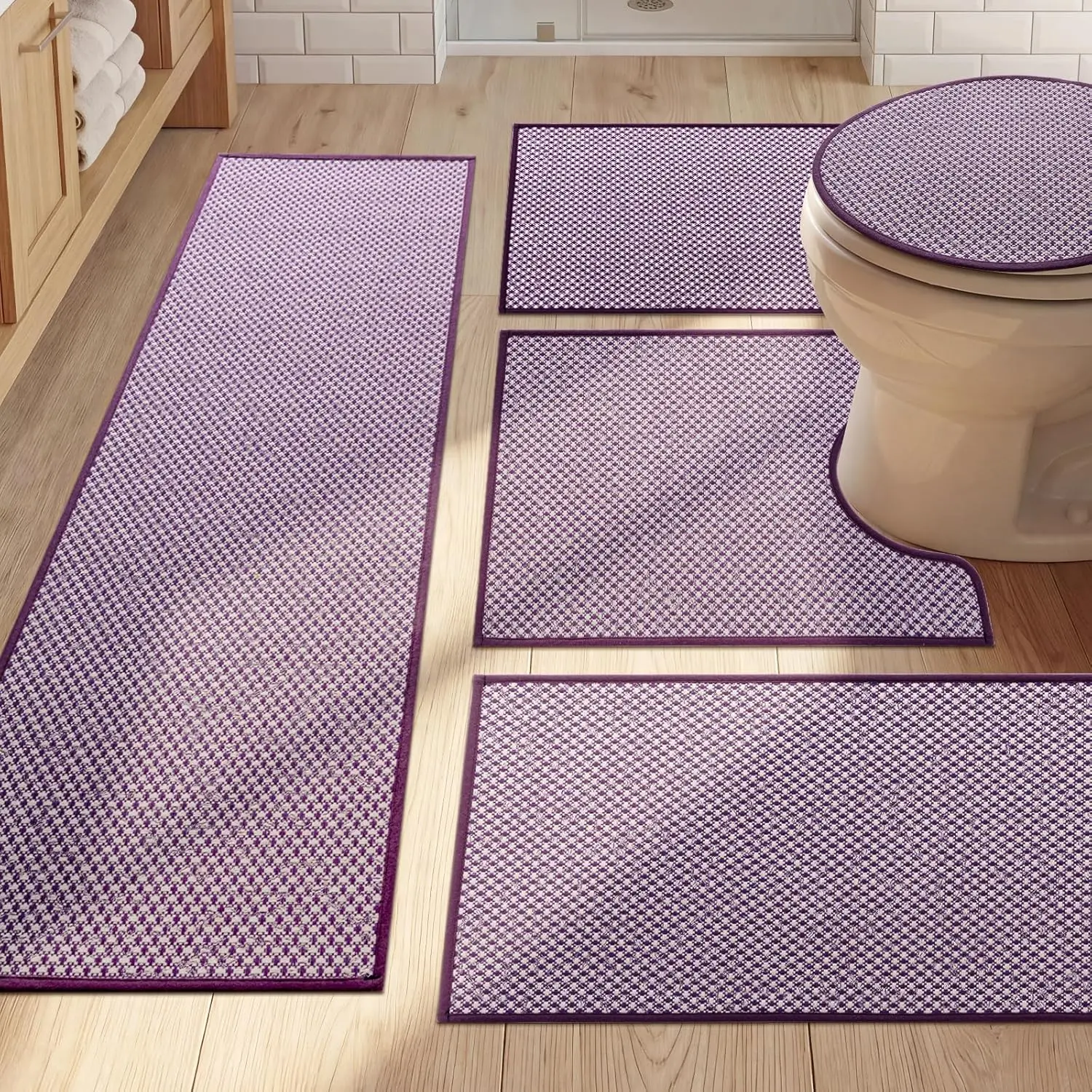 

Purple Bathroom Rugs Set of 5, Non-Slip Absorbent Quick-Dry Mats, Washable Braided for Toilet and Bathtub