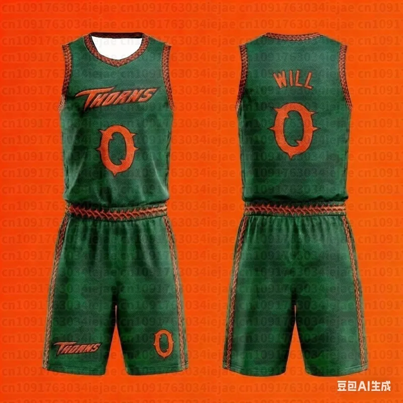 Vineland Thorns Basketball Jersey Set Movie Will 0 Green Camo Uniform Mesh Shirt Sportswear Men's Clothing Kids Tshirt