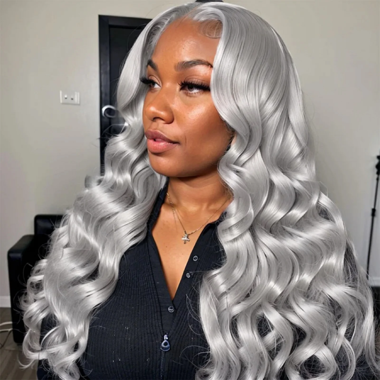 Silver Wig Loose Curly Synthetic Lace Wig Silver Grey Lace Front Wig Glueless Long Grey Curly Hair Lace Frontal Wigs for Women