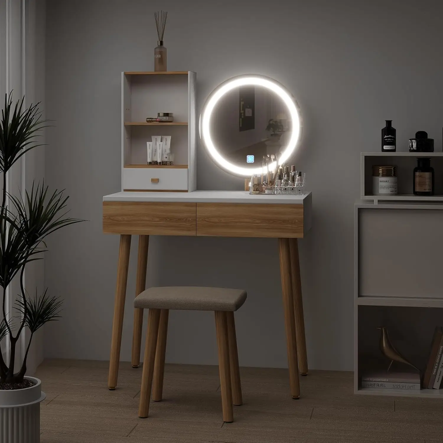 Makeup Vanity Desk with Lights,Small Vanity with Adjustable Brightness Mirror for Samll Spaces,Vanity Desk with Drawers.