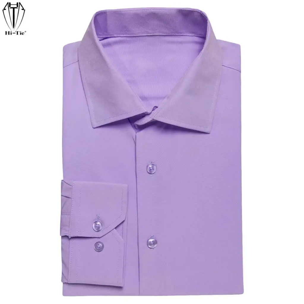 Hi-Tie Villet Lilac Purple Silk Mens Shirts Lapel Long Sleeve Suit Social Shirt Soft Breathable Elegant Male Wedding Business XL