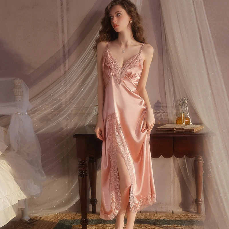 Sexy Deep V Lace Nightgown for Women - Ice Silk Backless Cross Front Sleep Dress Loungewear