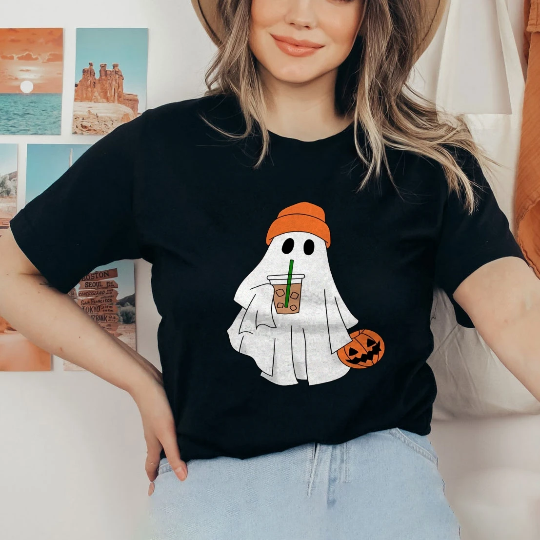 Fun Halloween T-Shirt Ghost Graphic Short Sleeve Cotton Loose Crew Neck Top Cute Ladies Streetwear Trend Y2khigh-Quality