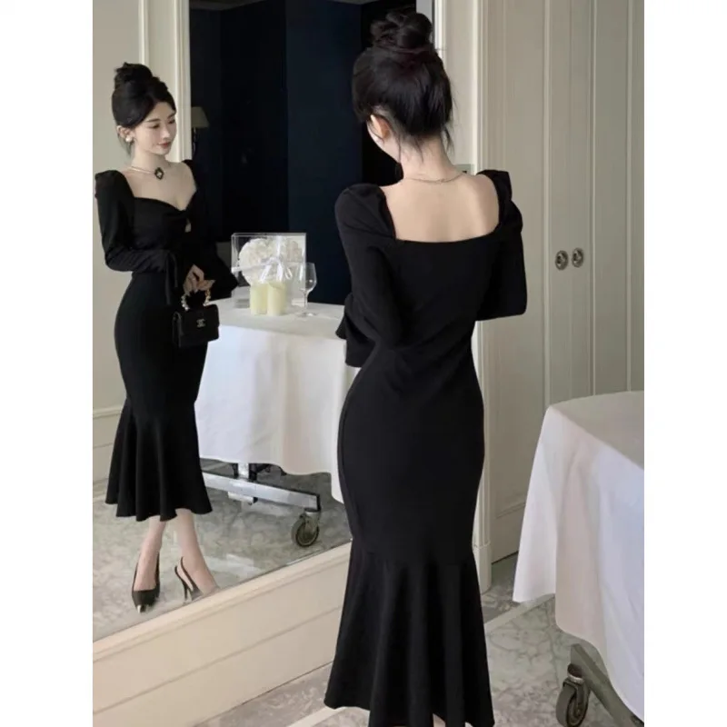 Primavera outono novo preto sexy vestido de corte baixo para mulheres manga comprida cintura fishtail envolto vestidos inferiores moda versátil