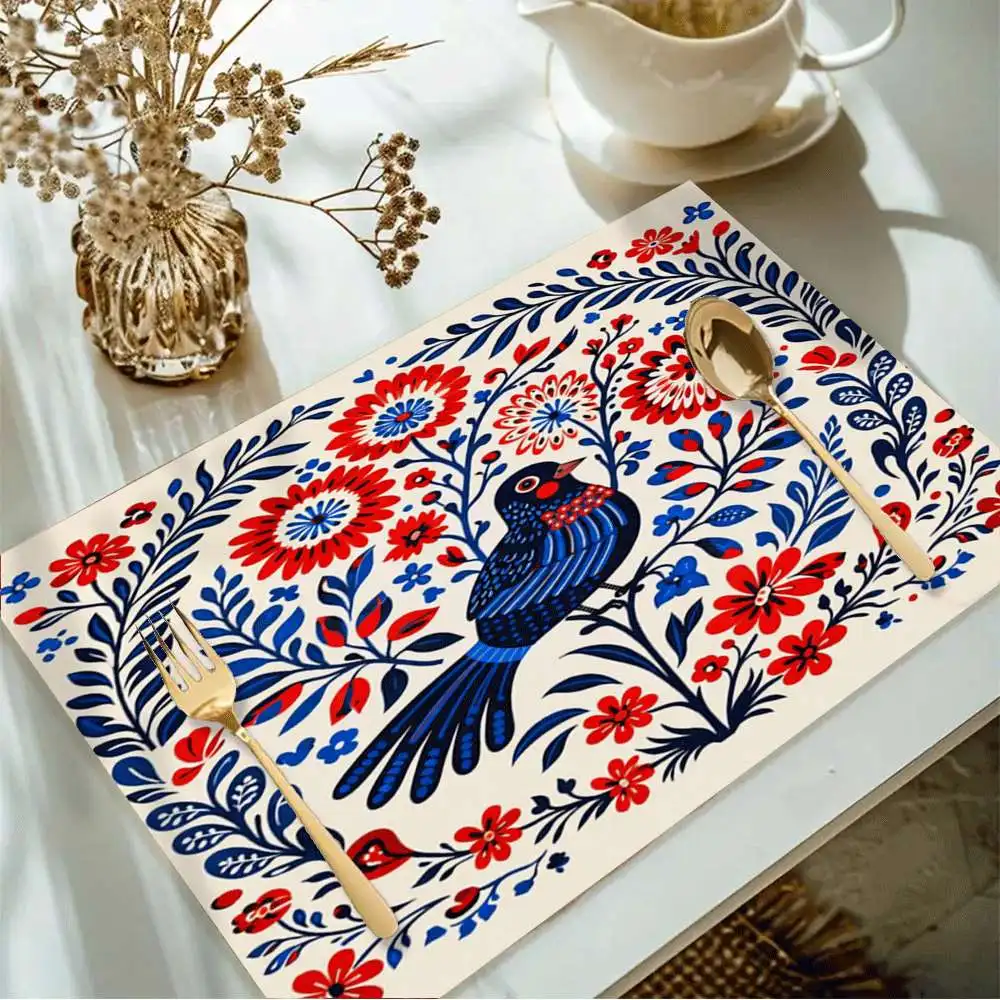 Elegant Stylish Birds and Blooms Table Pad, Machine Washable Placemat for Dining, Tea Table, Home Decor and Holiday Party Gift