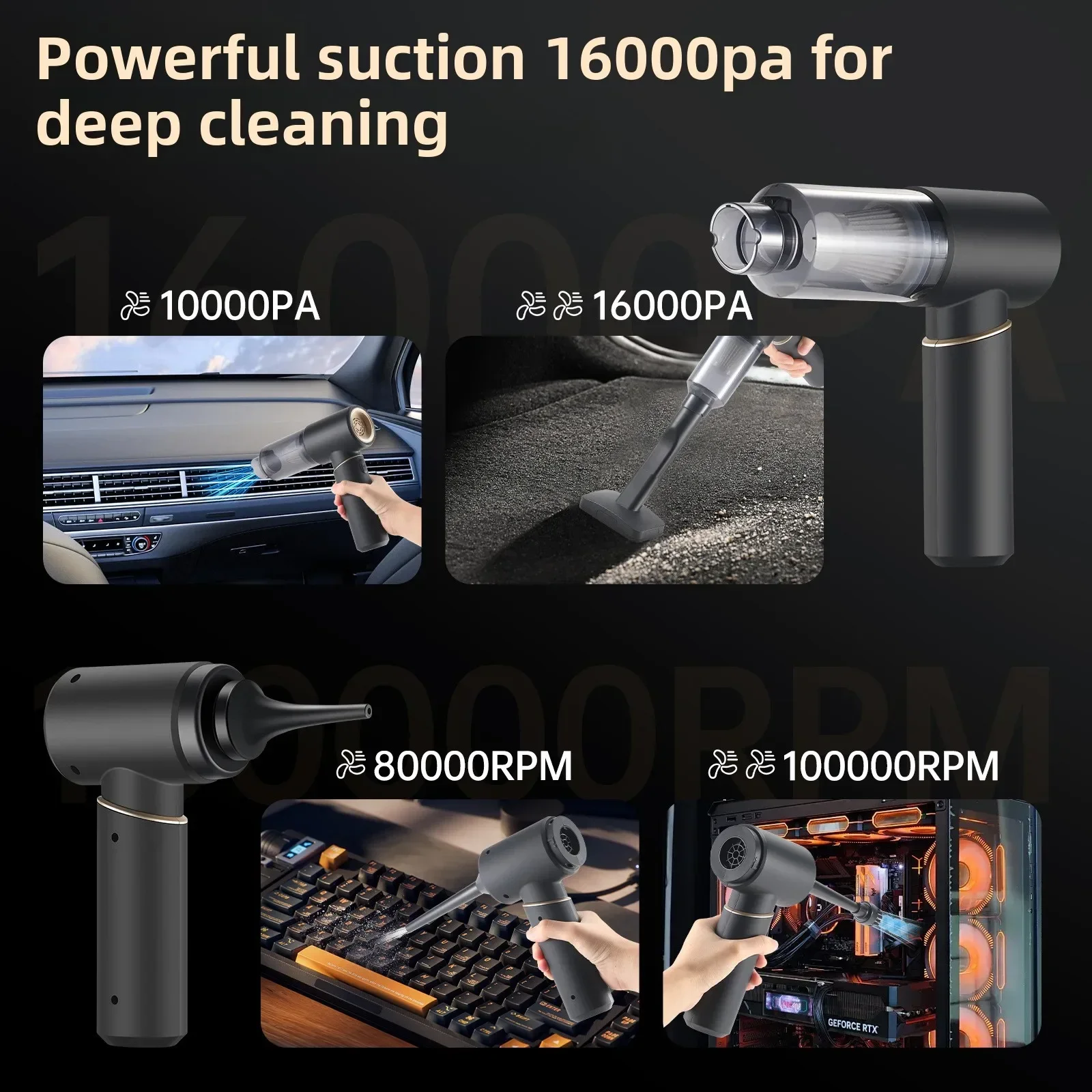 مكنسة كهربائية جديدة للسيارة عالية الطاقة للمركبات اللاسلكية المحمولة بالشفط والنفخ المنزلي المتكامل شفط كبير 16000Pa #1