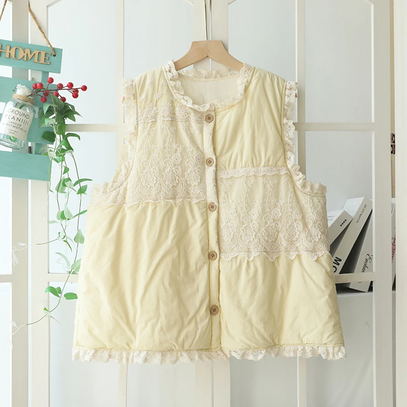 Autumn new Sweet Lace Stitched Outerwear Vest Women Single Breasted Vest Sleevelss Top Y0930-6