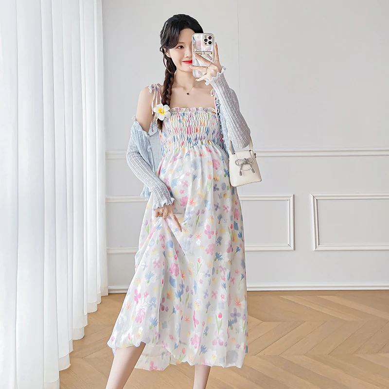 

French Style Maternity Floral Strap Dress Sweet Ruffles Collar Stretched High Waist Pregnant Woman Chiffon Dress Fashion Clothes