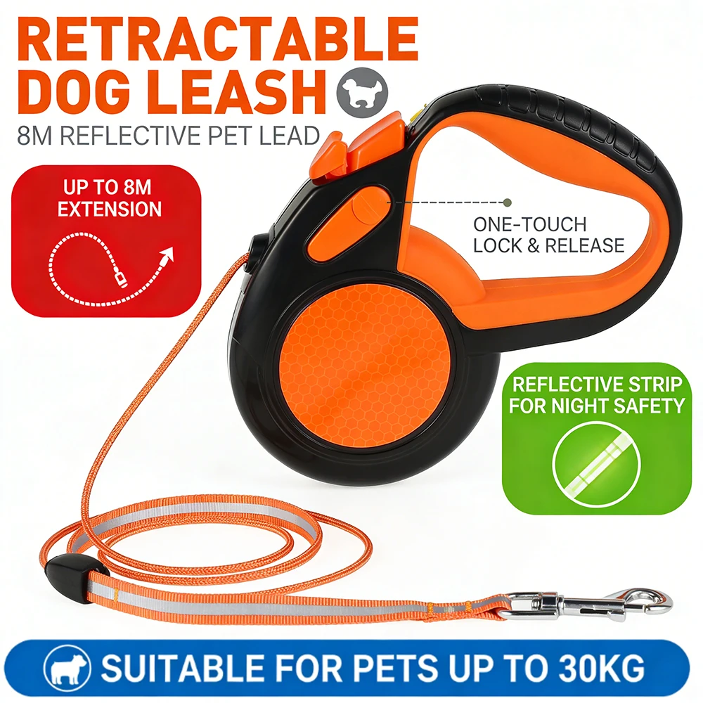 8M Retractable Dog Lead Heavy Duty Pet Walking Leash with Strong Reflective Tape Non-Slip Handle for Small Medium Large Dogs