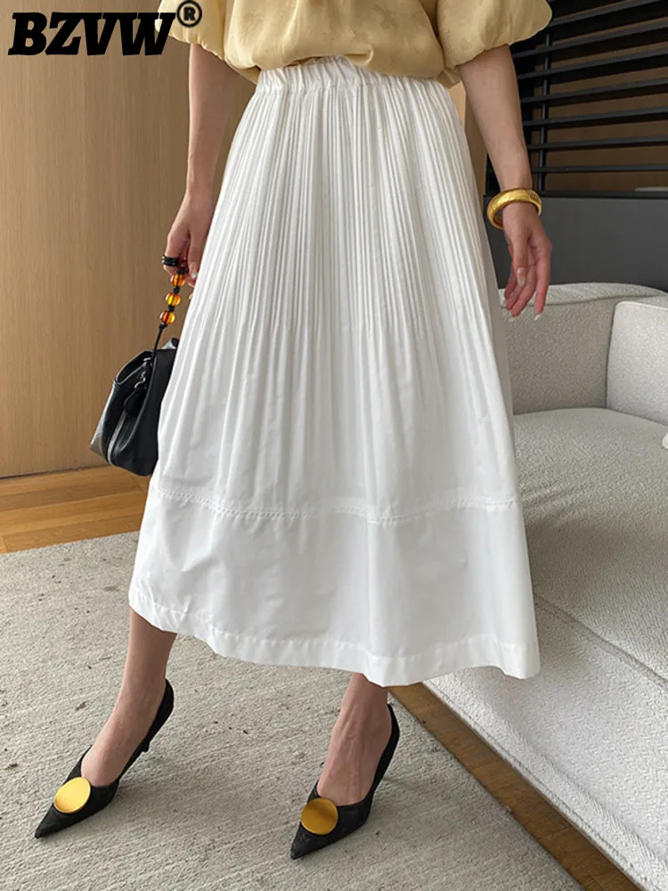 

BZVW Office Lady Skirt For Women Elastic High Waist Solid Color Pleated Mid-calf Skirts Fashion 2024 Summer New Clothing 25A677