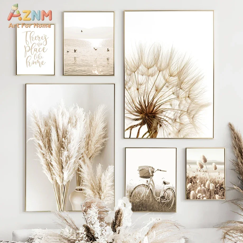 AZNM Neutral Boho Canvas Wall Art, Pampas Grass and Dandelion Print, Beige Nature and Quote Poster for Living Room Decor