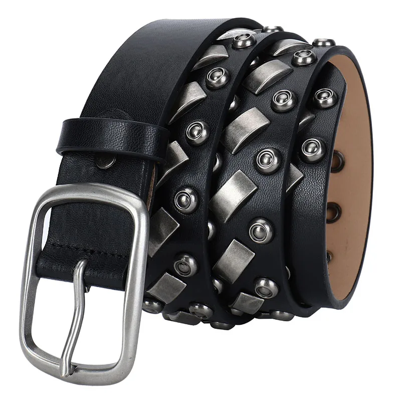

Мужской модный ремень в стиле панк-хип-хоп с заклепками, черный, из мягкой кожи, с шипами, с пряжкой, дизайнерский пояс, женский трендовый ремень-шлейка