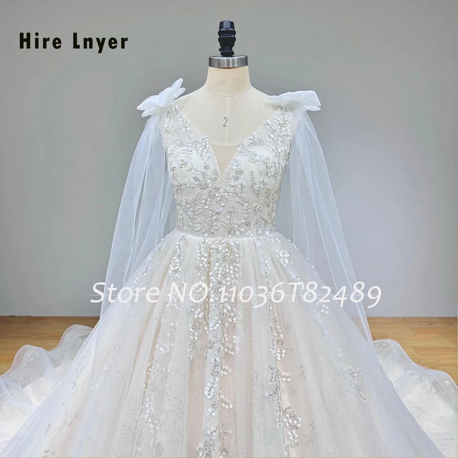 Hire Lnyer V-Neck Lace Up Back Bow Shoulder Straps Shiny Beading Pearls Gorgeous Ball Gown Wedding Dress With Chapel Train