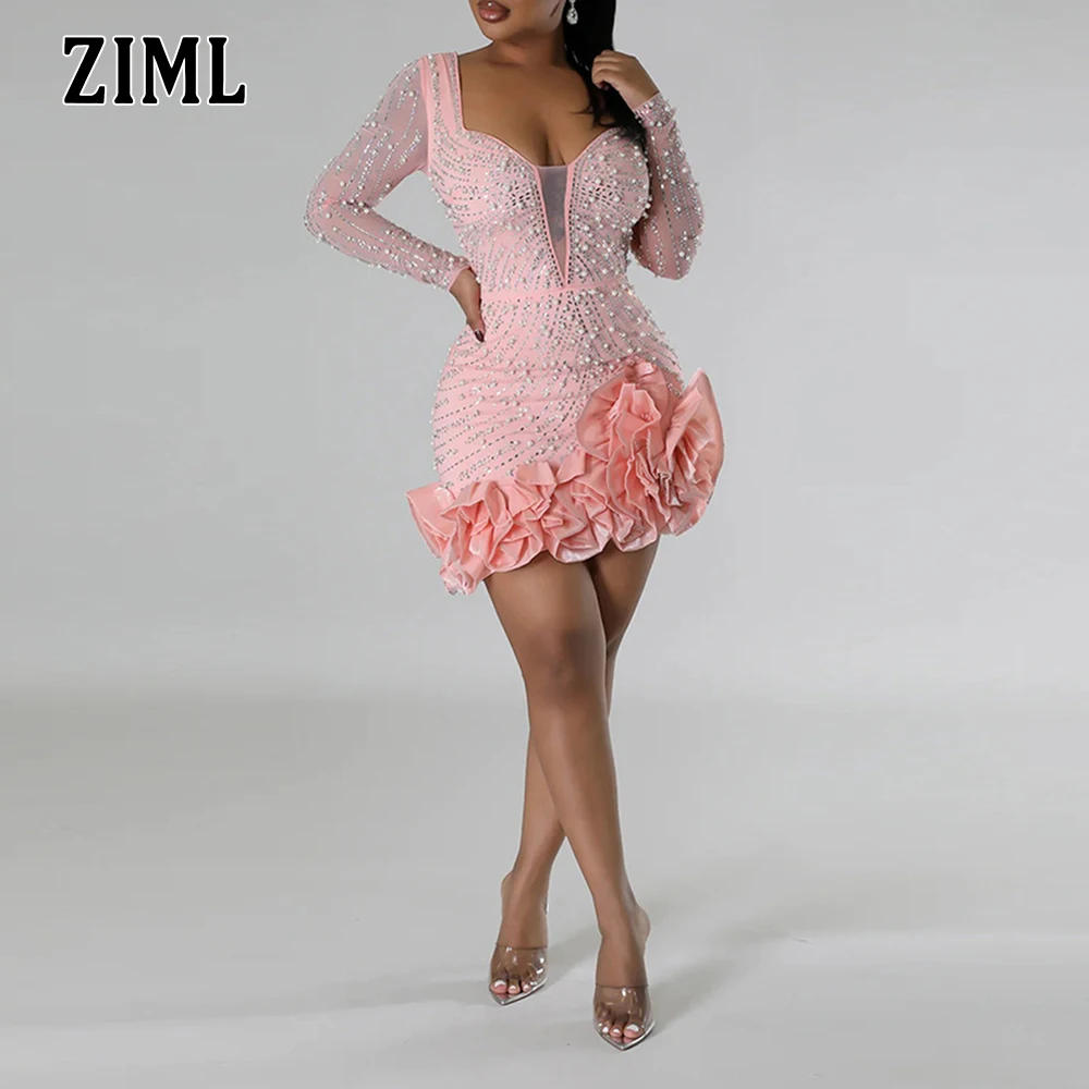 

ZIML Solid Spliced Diamonds Slimming Ruffles Dresses for Women Square Collar Long Sleeve High Waist Sexy Mini Dress Female New