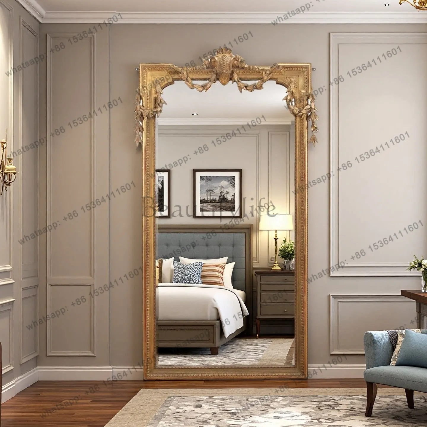 D33 French classical wooden frame vintage carved whole body home clothing store antique dressing mirror