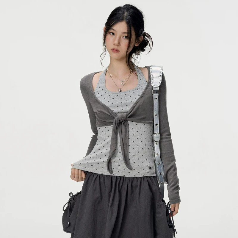 Korean Stacked Fake Two Women's Tops 2026 Autumn New Design Polka Dot Halter Girl Style Slimming Long-sleeved T-shirts Ladies