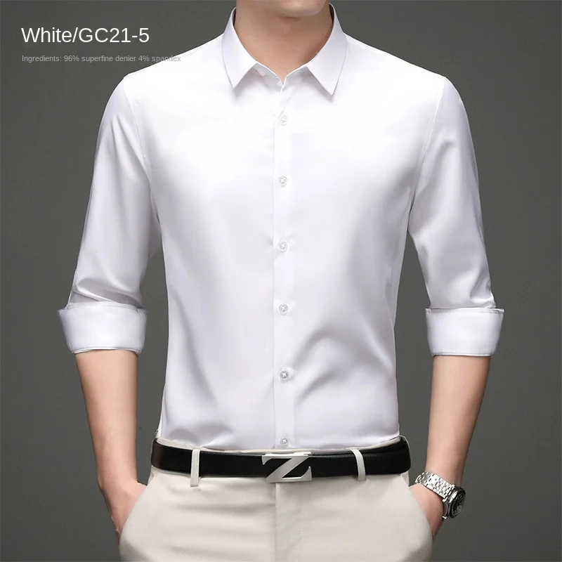 Pure white business men's iron-free shirts Korean slim glossy breathable stretch men's long-sleeved shirts buy wholesale.