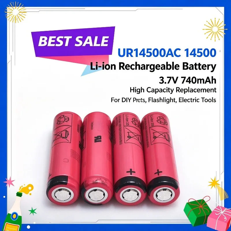 UR14500AC 3.7V 740mAh 14500 Li-ion Rechargeable Battery, High Capacity Replacement for DIY Projects, Flashlight, Electric Tools