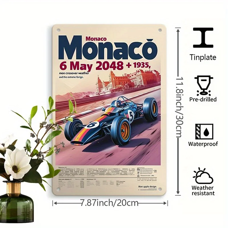 Vintage 1964 Monaco Commemorative Wall Plaque - Art Deco Iron Sign with Historic Racing Car Art, Wall-Mounted Home Office Decor