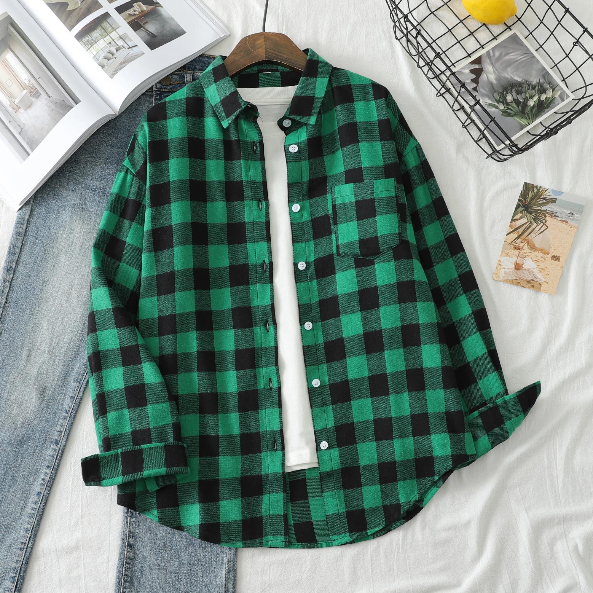 Women Flannel Plaid Shirt Long Sleeve Lapel Button Down Loose Casual Blouse Pocket Design Oversized Fall Spring Checkered Shirts