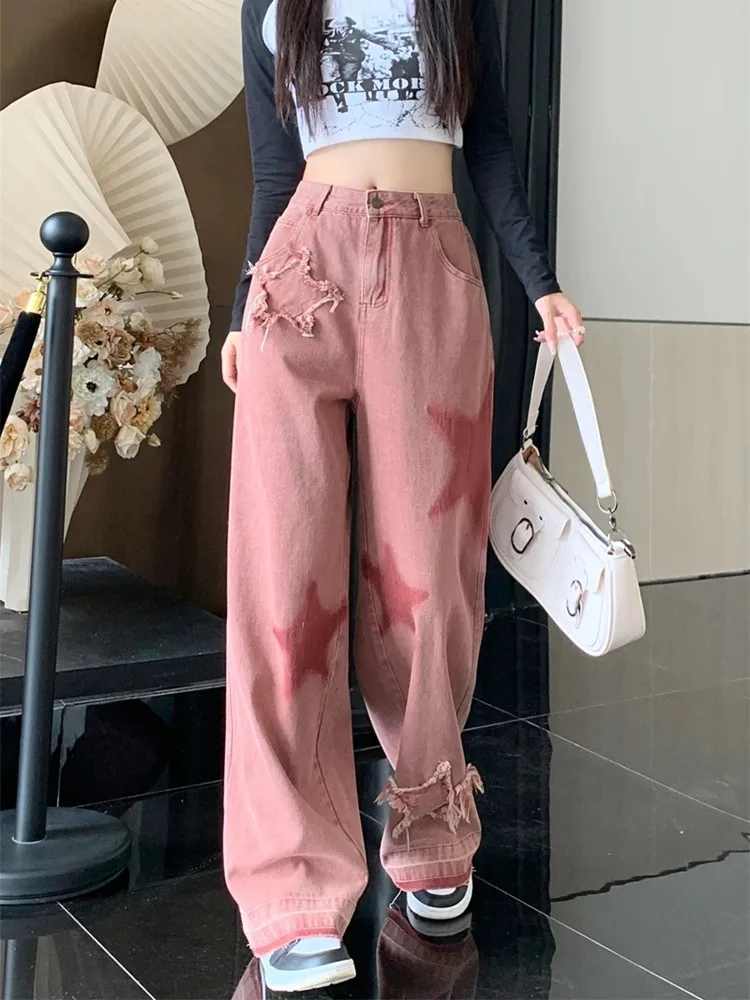 2023 Korean Y2K Fashion Star Embroidery Baggy Stacked Jeans Pants For Women Clothes High Waist Straight Vintage Lady Trousers