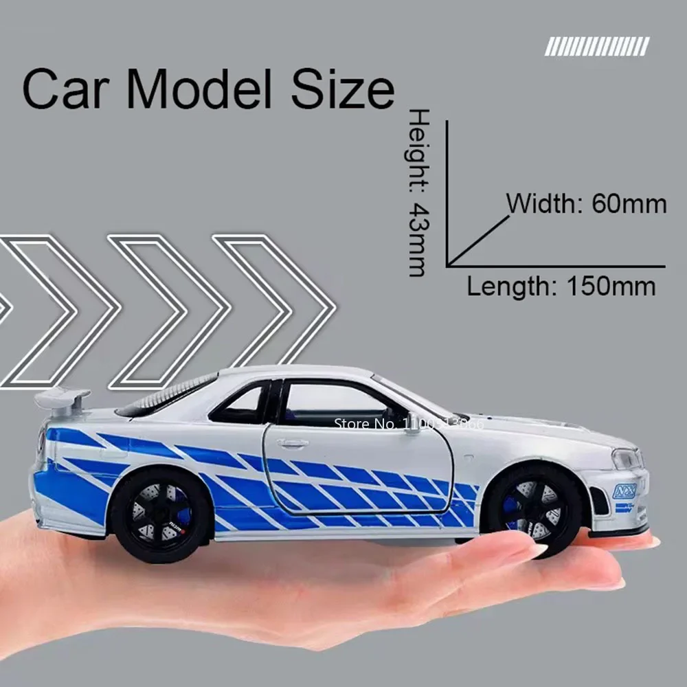 1:32 Alloy Nissan GTR R34 Modele Zabawki Samochody Gumowe Opony Koło Wycofać Supercar Światło Dźwięk Miniaturowy Pojazd Maluch Dzieci Prezent