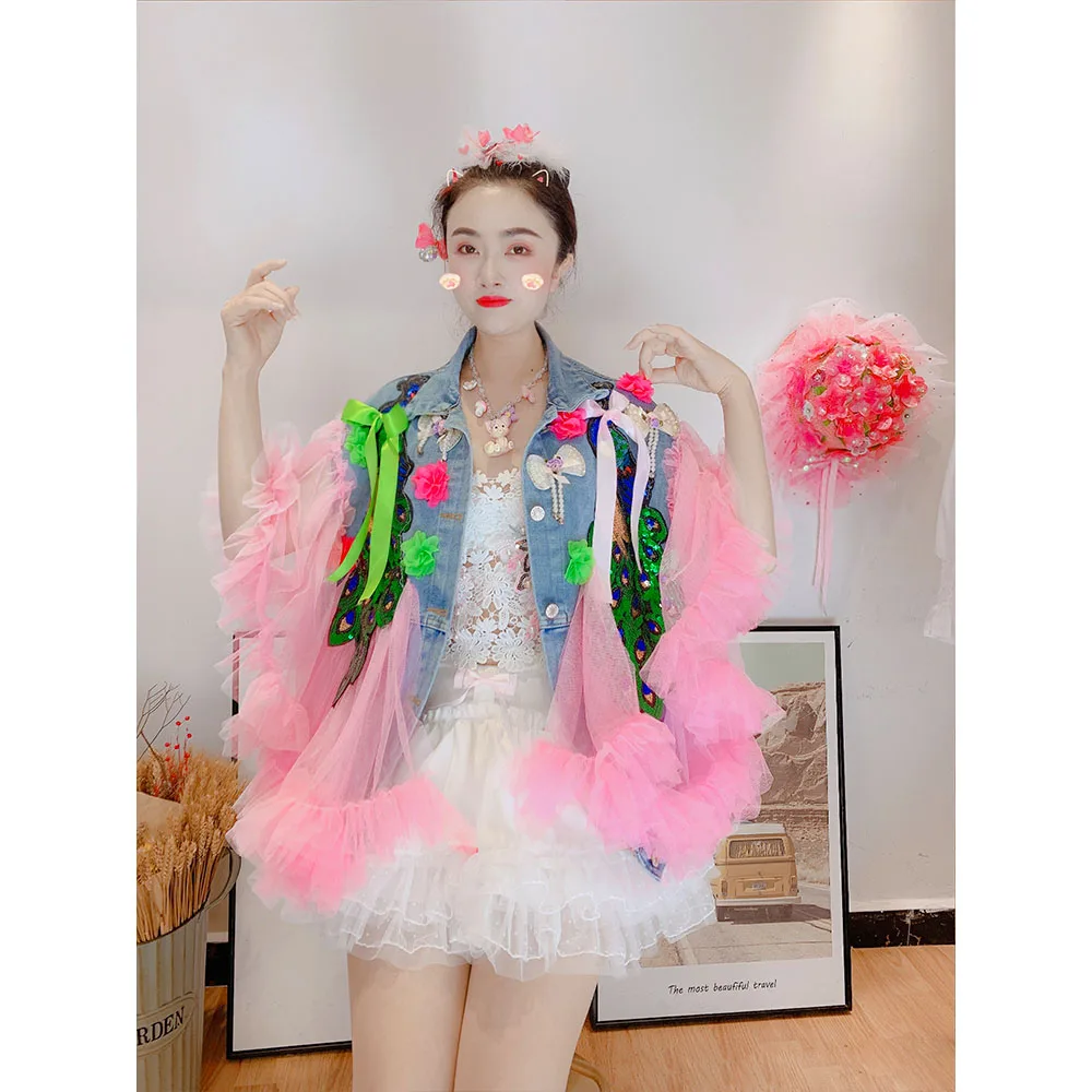 Denim Vest Coat for Women 2024 Summer Clothes New Thai Fashion High-End Sequined Peacock Streetwear Loose Sweet Denim Top Vests