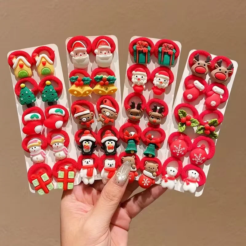 10Pcs/Set Kids Girls Christmas Hair Ties Cute Santa Claus & Reindeer Design Festive Hair Accessories Holiday Parties Decorations