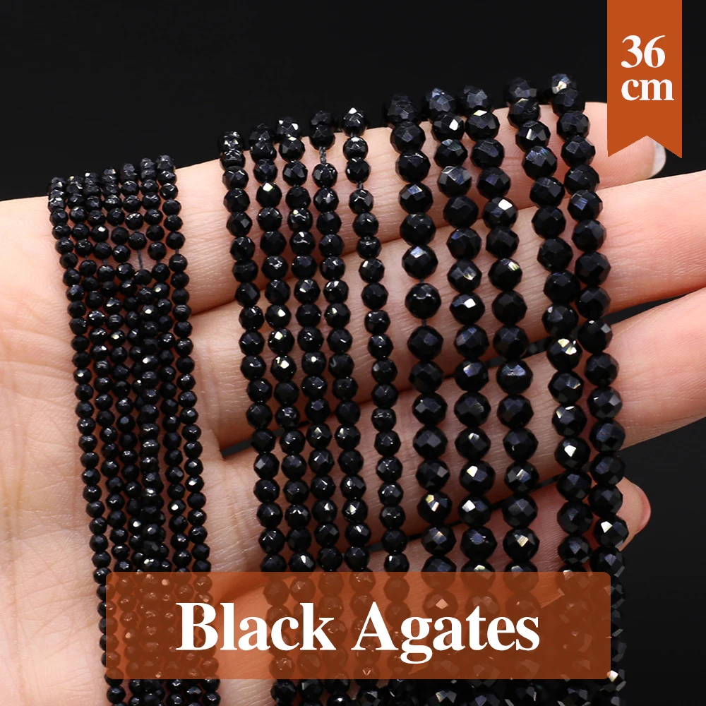 Contas de ágata preta natural facetada, pedra natural redonda, espaçador solto, frisado para fazer colar de joias diy, pulseira 2mm 3mm 4mm