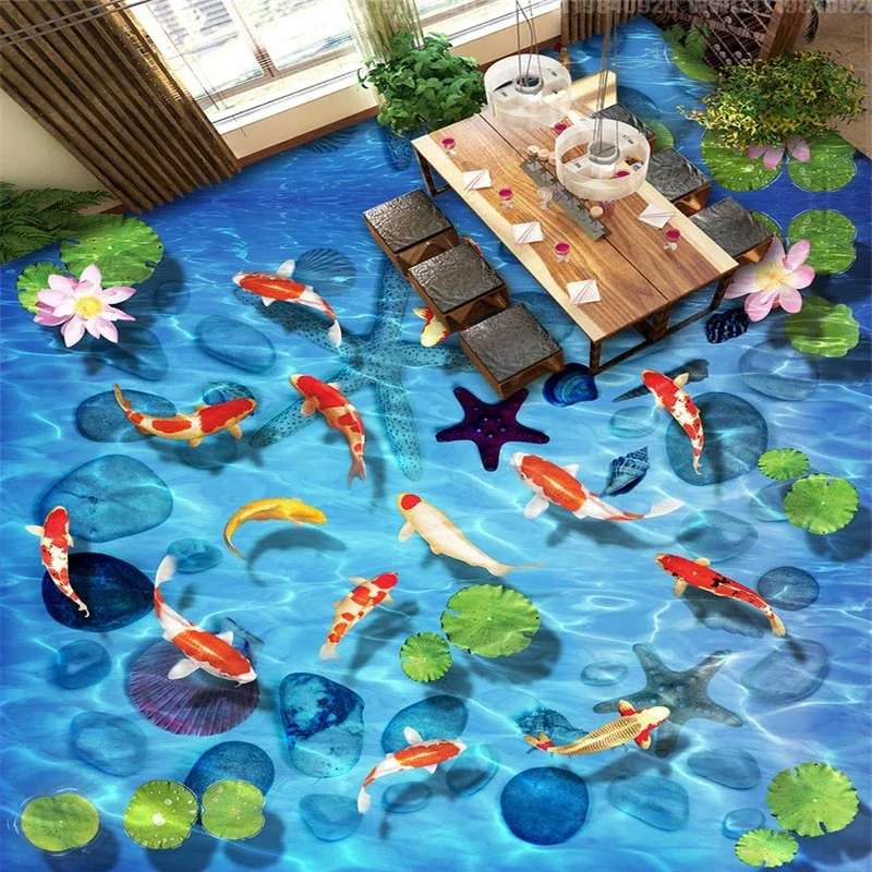 beibehang Lotus carp stone shells 3D Floor Mural Wallpaper for Living Room Bathroom Floor PVC Self-adhesive Floor Wall paper