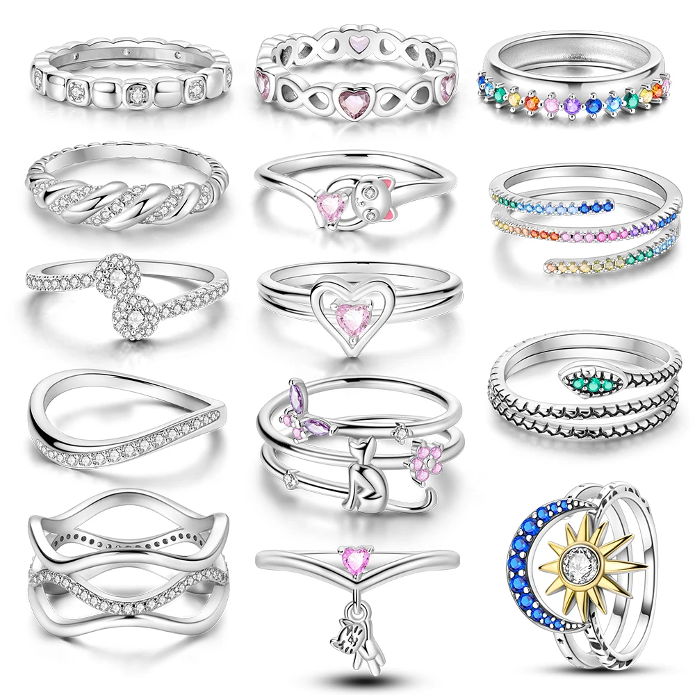 Versilberter rosa Katzen ring unendliches ursprüngliches Design Herz Zirkon Hochzeitstag Ringe Schmuck Geschenk für Frauen