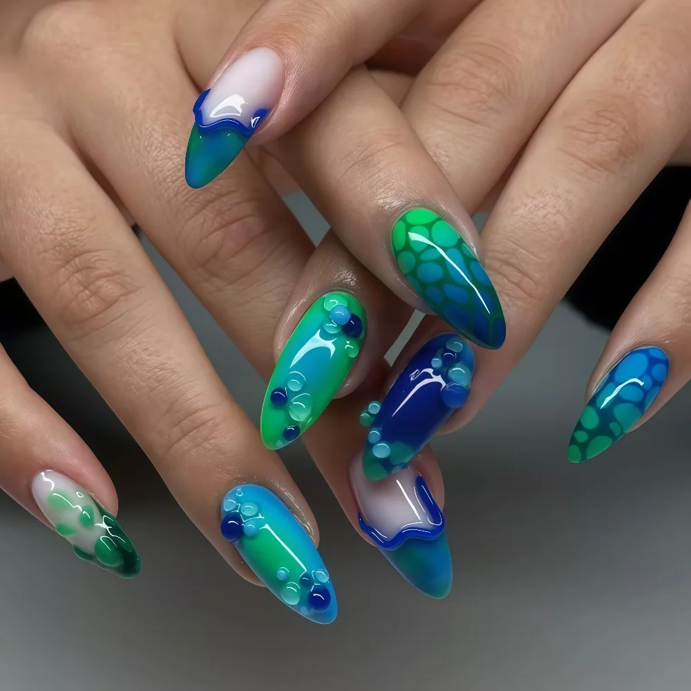3D-Kunstnägel für Frauen und Mädchen, Farbverlauf Grün-Blau, Blumen, Ozean-Blasen, für Frühling und Sommer, vollflächige Press-on-Nägel, künstliche Nägel
