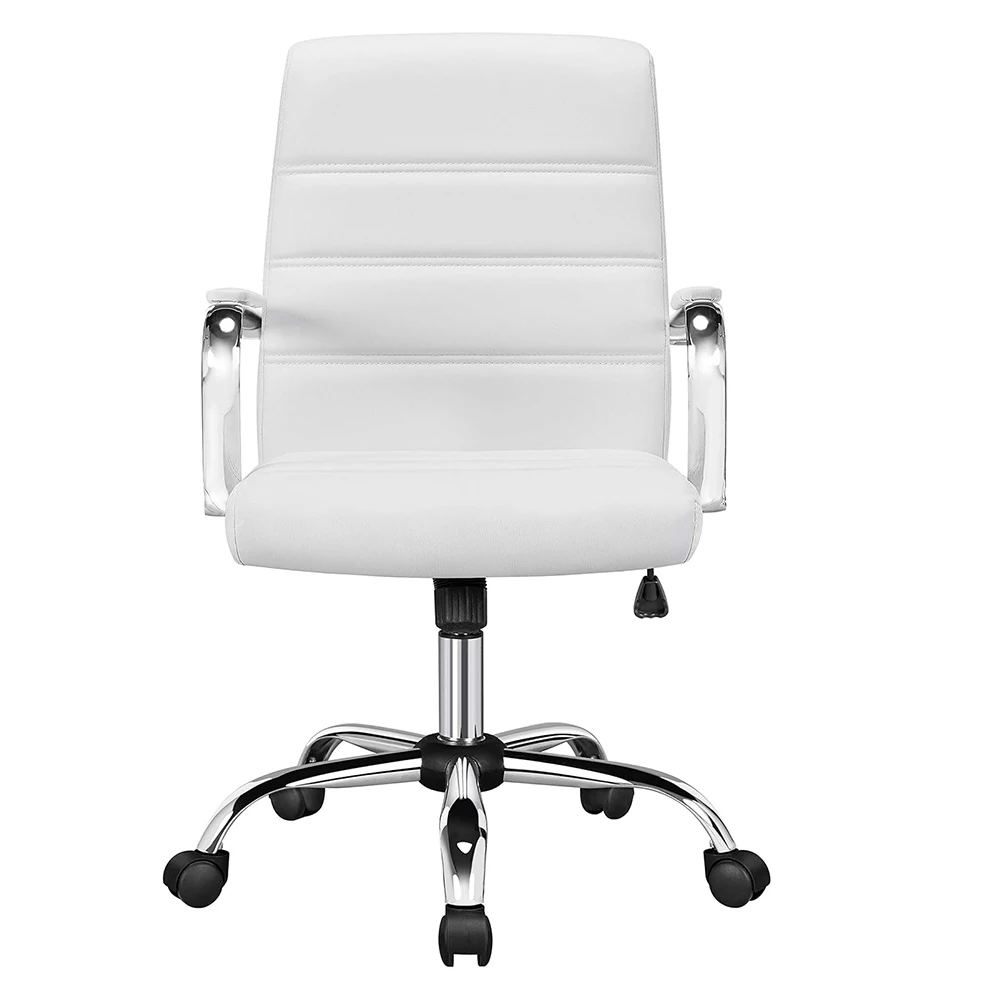 Mid-Back Office Chair, Seat Height Adjustable Chair, Swivel Leather Executive Chair, White
